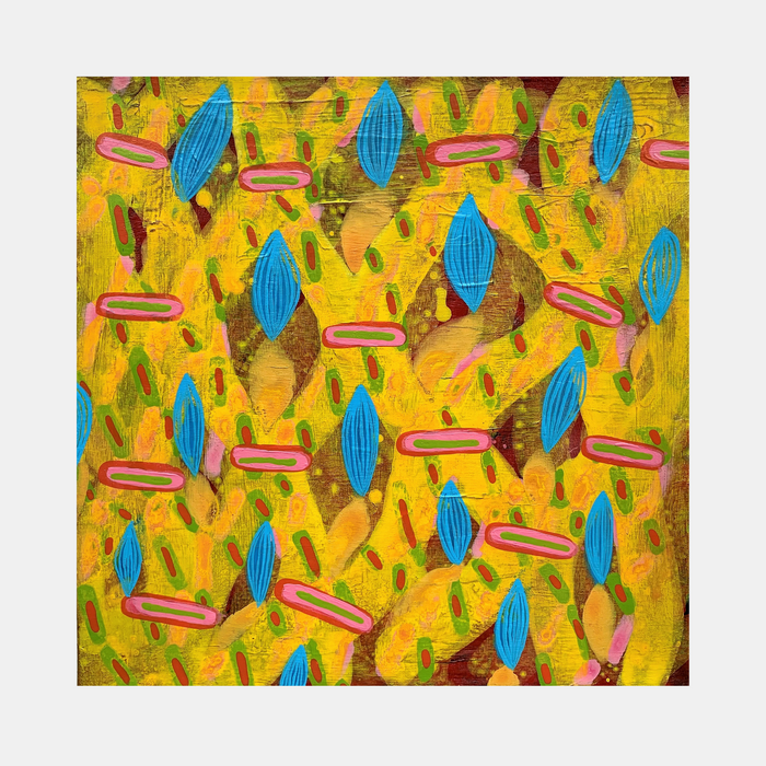 The artwork 'Composition No. 233' by Raul Ortiz features vibrant abstract patterns with bright turquoise diamond shapes and coral-pink elongated ovals scattered across a textured golden yellow background. The 12x12 inch acrylic on linen painting showcases a rhythmic arrangement of geometric forms with organic leaf-like elements in olive green, creating a dynamic and playful composition.