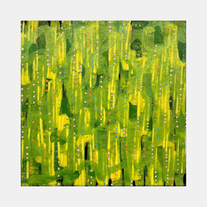 The artwork 'Composition No. 234' by Raul Ortiz features vibrant vertical brushstrokes in lime green and bright yellow, creating a dynamic forest-like pattern. Abstract dots and dashes scattered throughout add depth to the textured acrylic painting on linen, measuring 12x12 inches. The energetic composition suggests movement and natural rhythm.