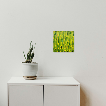 The artwork 'Composition No. 234' by Raul Ortiz features vibrant vertical brushstrokes in lime green and yellow hues creating an abstract pattern reminiscent of bamboo forest. The 12x12 inch acrylic painting on linen canvas displays energetic texture and dynamic movement through bold gestural strokes against a natural background.