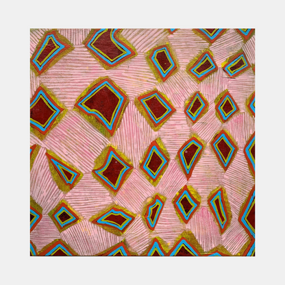 Composition No. 235 by Raul Ortiz features geometric diamond shapes in deep burgundy with turquoise and gold borders scattered across a textured pink background. The abstract pattern shows fine linear details etched into the linen surface, creating a rhythmic, contemporary composition using acrylic paint. 12x12 inches artwork by Raul Ortiz