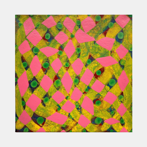 Composition No. 236 by Raul Ortiz features a vibrant geometric pattern of pink diamond shapes arranged in a grid against a textured yellow-green background. Dark green circular elements are scattered throughout, creating depth and rhythm. The acrylic on linen artwork showcases a bold contemporary abstract style in a 12x12 inch square format.