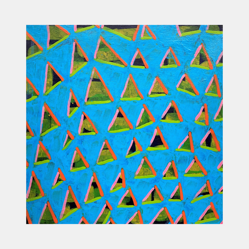 Composition No. 237 by Raul Ortiz features a vibrant geometric pattern of repeating triangles in olive green with coral-pink outlines set against a bright turquoise blue background. The textured acrylic on linen creates a dynamic surface with a rhythmic, modern abstract design that showcases precise geometric repetition. 12x12 inches artwork by Raul Ortiz.
