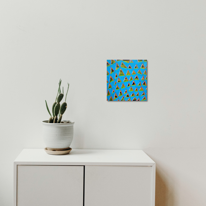 The artwork 'Composition No. 237' by Raul Ortiz features vibrant turquoise background with repeating golden triangle patterns arranged in a geometric grid formation. The 12x12 inch acrylic on linen painting creates a dynamic visual rhythm through its precise pattern placement, showing contemporary minimalist style and expert color interplay. - By Raul Ortiz