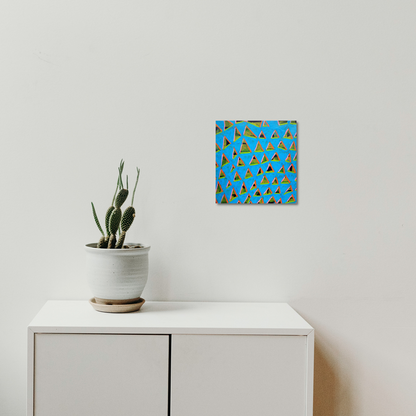 The artwork 'Composition No. 237' by Raul Ortiz features vibrant turquoise background with repeating golden triangle patterns arranged in a geometric grid formation. The 12x12 inch acrylic on linen painting creates a dynamic visual rhythm through its precise pattern placement, showing contemporary minimalist style and expert color interplay. - By Raul Ortiz
