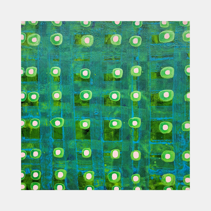 The artwork 'Composition No. 238' by Raul Ortiz features a geometric pattern of repeating circular forms in lime green and white against a vibrant turquoise background. The acrylic on linen painting displays a grid-like arrangement of luminous dots, creating a rhythmic, modern abstract design with textural brushwork and organic variations in the 12x12 inch composition.