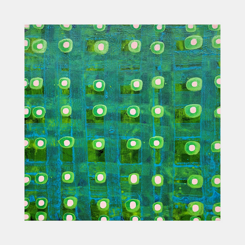 The artwork 'Composition No. 238' by Raul Ortiz features a geometric pattern of repeating circular forms in lime green and white against a vibrant turquoise background. The acrylic on linen painting displays a grid-like arrangement of luminous dots, creating a rhythmic, modern abstract design with textural brushwork and organic variations in the 12x12 inch composition.