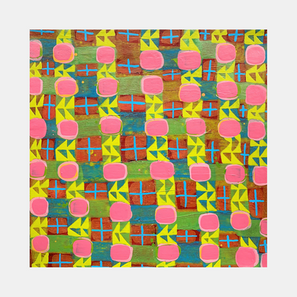 The artwork 'Composition No. 239' features a vibrant geometric pattern with repeating pink circular shapes resembling apples or dots, interspersed with yellow angular leaf-like forms and red grid patterns. The background alternates between green and turquoise blocks, creating a rhythmic, folk art-inspired design on linen canvas. By Raul Ortiz.