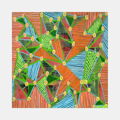 The artwork 'Composition No. 240' by Raul Ortiz features dynamic geometric patterns in vibrant green, orange, and turquoise. Abstract triangular shapes interconnected by yellow circular nodes create a structured network pattern. Textured striations and crosshatching add depth to each colored segment, while acrylic on linen provides rich, saturated hues in this contemporary geometric composition.
