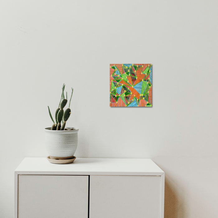 The artwork 'Composition No. 240' by Raul Ortiz features vibrant abstract patterns with dynamic brushstrokes in bright green, orange, and turquoise blue on linen canvas. Angular geometric shapes and organic forms create a playful, tropical-inspired composition. The 12x12 inch acrylic painting displays energetic movement and textural depth.