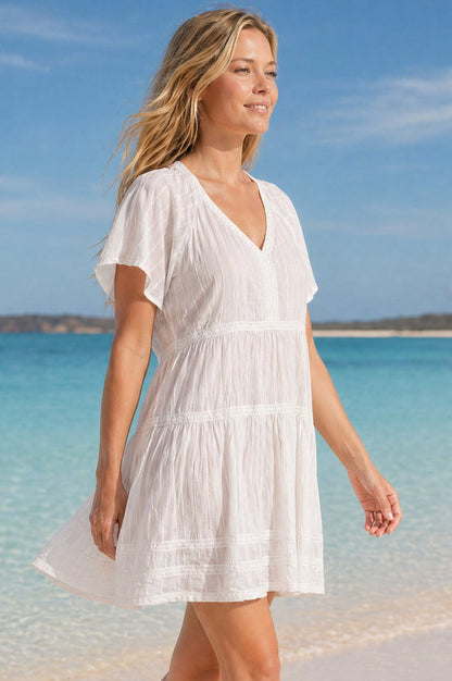 Cotton Dobby Short Kaftan | White
