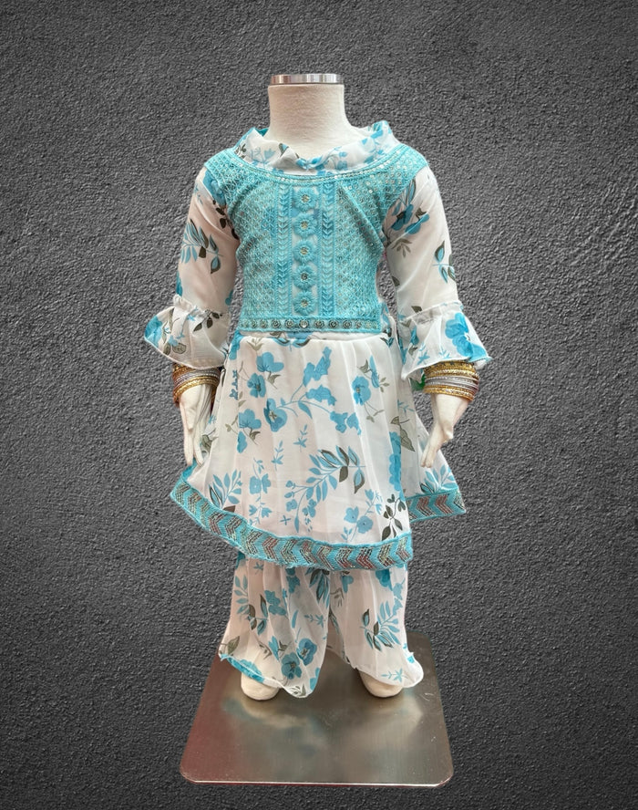 Cotton Embroidered / Floral Printed Sky Blue & White Girl's Salwar Suit