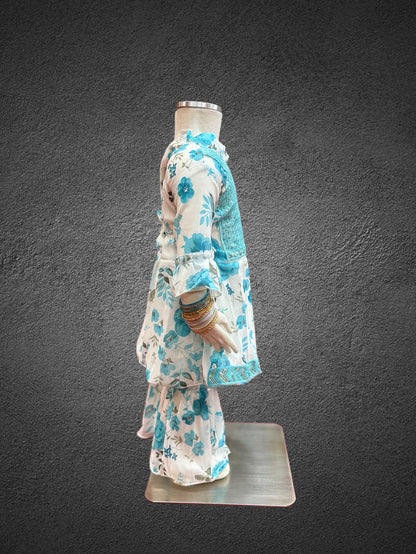 Cotton Embroidered / Floral Printed Sky Blue & White Girl's Salwar Suit