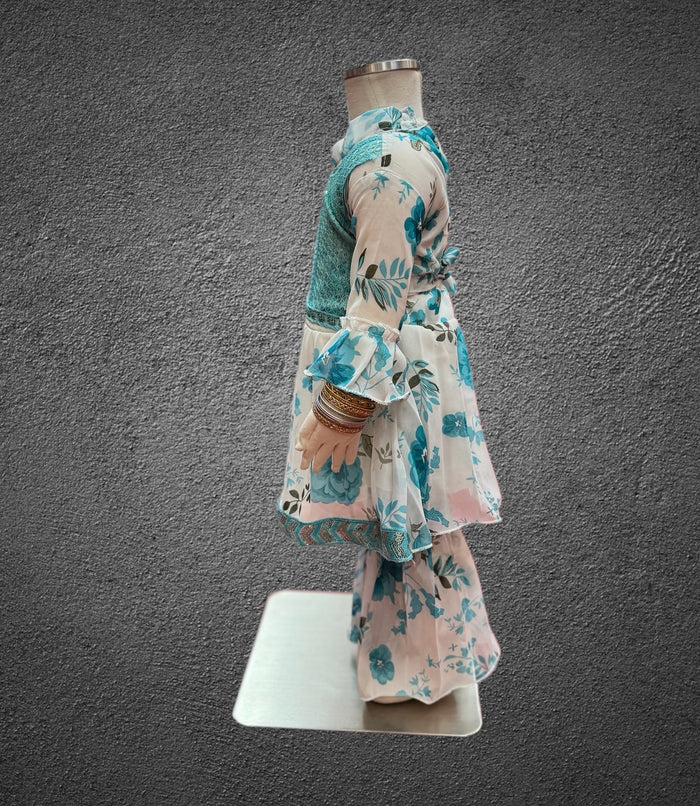 Cotton Embroidered / Floral Printed Sky Blue & White Girl's Salwar Suit
