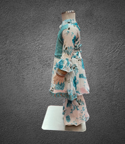 Cotton Embroidered / Floral Printed Sky Blue & White Girl's Salwar Suit