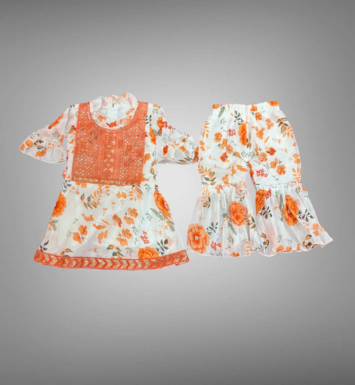 Cotton Embroidered / Floral Printed Sky Blue & White Girl's Salwar Suit