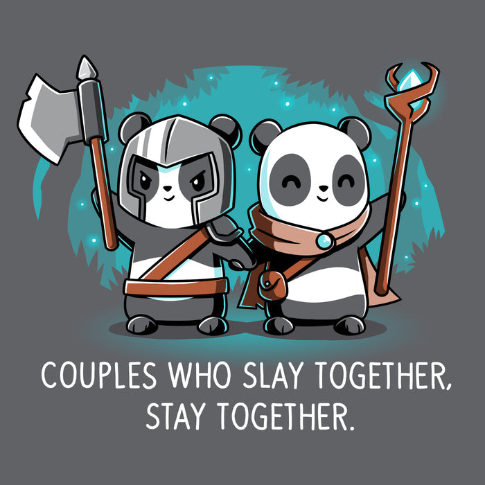 Premium Cotton T-shirt_TeeTurtle Couples Who Play Together Stay Together charcoal gray t-shirt featuring two pandas dressed as warriors with weapons.