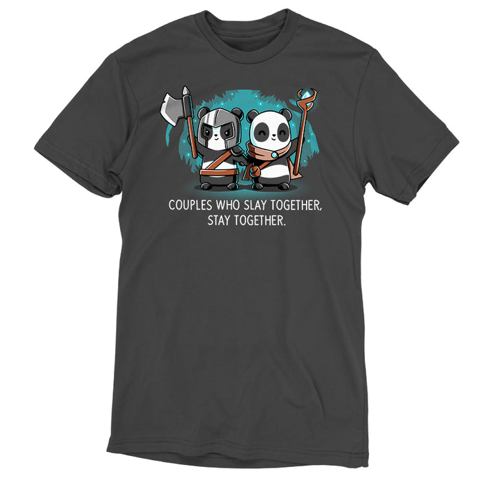 Premium Cotton T-shirt_TeeTurtle Couples Who Play Together Stay Together charcoal gray t-shirt featuring two pandas dressed as warriors with weapons.