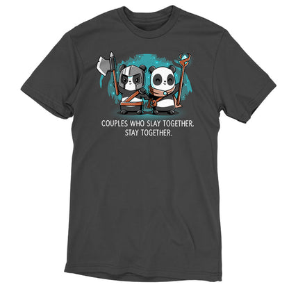 Premium Cotton T-shirt_TeeTurtle Couples Who Play Together Stay Together charcoal gray t-shirt featuring two pandas dressed as warriors with weapons.