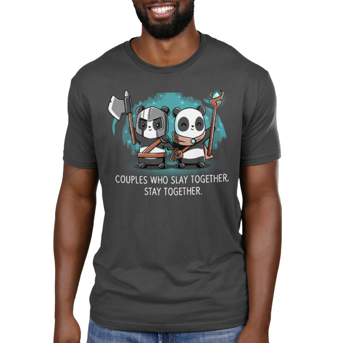 Premium Cotton T-shirt_TeeTurtle Couples Who Play Together Stay Together charcoal gray t-shirt featuring two pandas dressed as warriors with weapons.