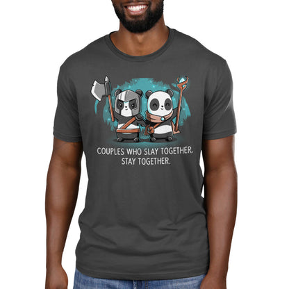 Premium Cotton T-shirt_TeeTurtle Couples Who Play Together Stay Together charcoal gray t-shirt featuring two pandas dressed as warriors with weapons.