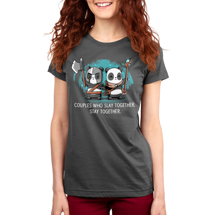 Premium Cotton T-shirt_TeeTurtle Couples Who Play Together Stay Together charcoal gray t-shirt featuring two pandas dressed as warriors with weapons.