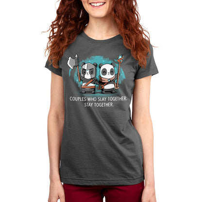 Premium Cotton T-shirt_TeeTurtle Couples Who Play Together Stay Together charcoal gray t-shirt featuring two pandas dressed as warriors with weapons.