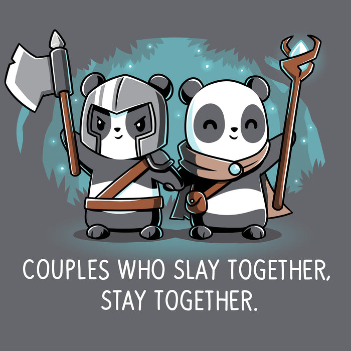 Classic Cotton T-shirt_TeeTurtle Couples Who Play Together Stay Together charcoal gray t-shirt featuring two pandas dressed as warriors with weapons.