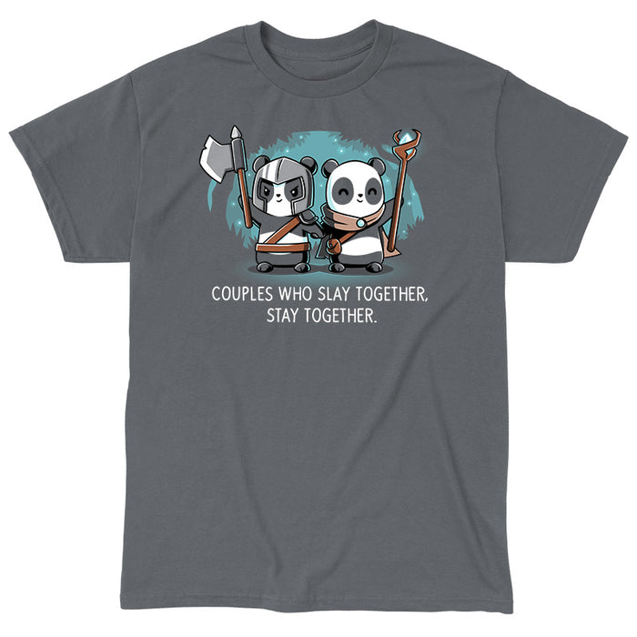 Classic Cotton T-shirt_TeeTurtle Couples Who Play Together Stay Together charcoal gray t-shirt featuring two pandas dressed as warriors with weapons.