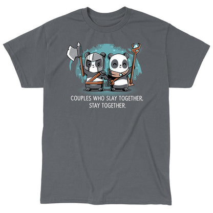 Classic Cotton T-shirt_TeeTurtle Couples Who Play Together Stay Together charcoal gray t-shirt featuring two pandas dressed as warriors with weapons.