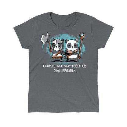 Classic Cotton T-shirt_TeeTurtle Couples Who Play Together Stay Together charcoal gray t-shirt featuring two pandas dressed as warriors with weapons.