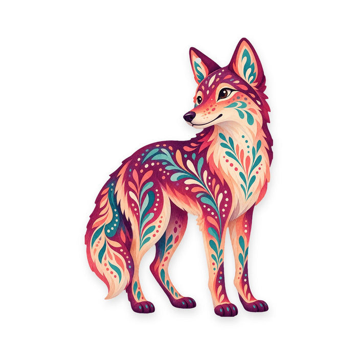 Coyote folk art ornament O252 on white, laser-cut maple wood, made in USA