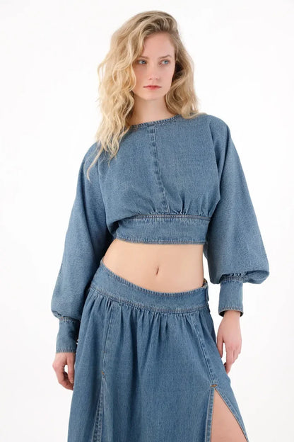 Crop Shirt in Light Blue Denim for Women