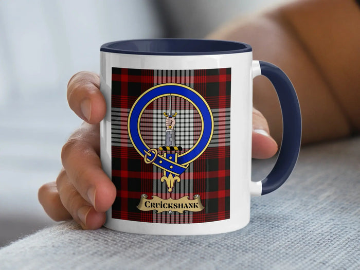 Cruickshank family crest coffee mug with a tartan-background design
