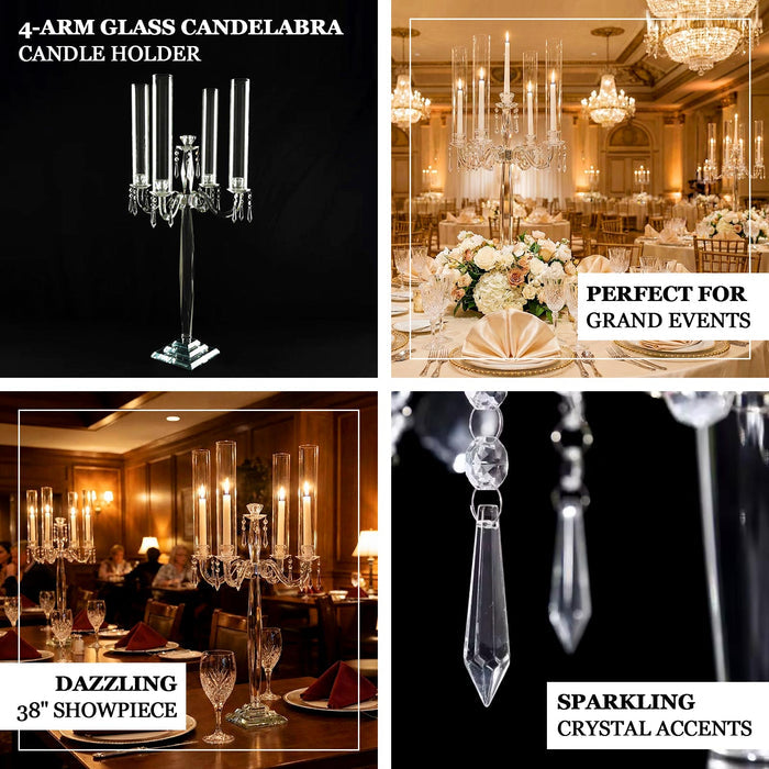 4-arm glass candelabra candle holder for grand events and dazzling displays.