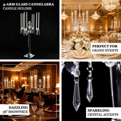 4-arm glass candelabra candle holder for grand events and dazzling displays.