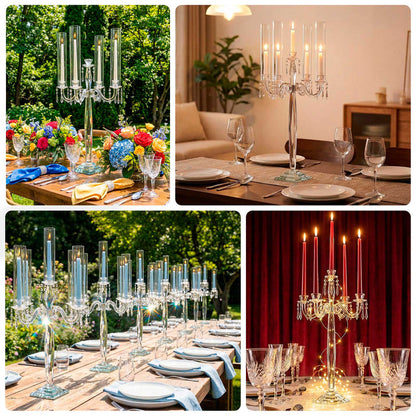 Elegant crystal candelabra with candles in various settings