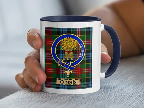 Cummin family crest coffee mug with a tartan-background design