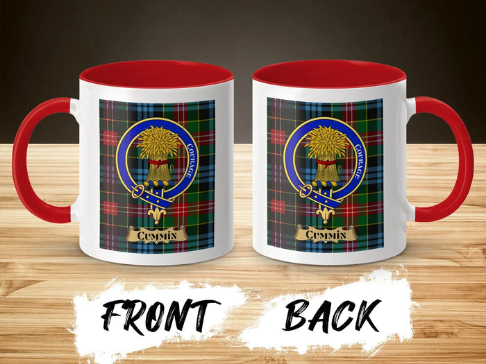 Cummin tartan-background crest mug shown as a Scottish heritage gift