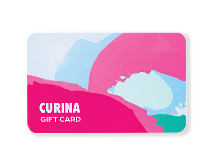 Curina Gift Card featuring an abstract design with flowing organic shapes in vibrant pink, soft blue, and mint green colors creating a modern, artistic landscape pattern. The card displays a contemporary minimalist aesthetic with the Curina logo prominently displayed in white text. By Curina.