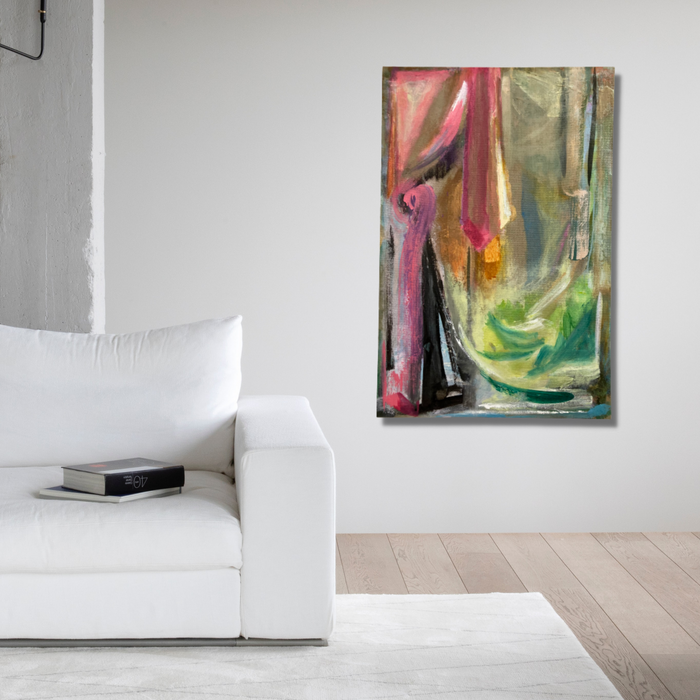 The artwork 'Curtain' by Molly Herman features bold abstract brushstrokes in pink, green, and yellow hues against a dark backdrop. The composition suggests flowing movement reminiscent of draped fabric, with dynamic vertical strokes and swirling forms created in oil paint on linen. The piece displays expressive gestural painting techniques measuring 42x28 inches.