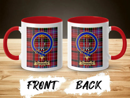 Cushney tartan-background crest mug shown as a Scottish heritage gift