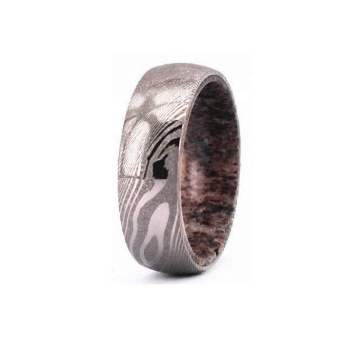 Damascus steel and Deer Antler insert comfort fit Polish finish top ring