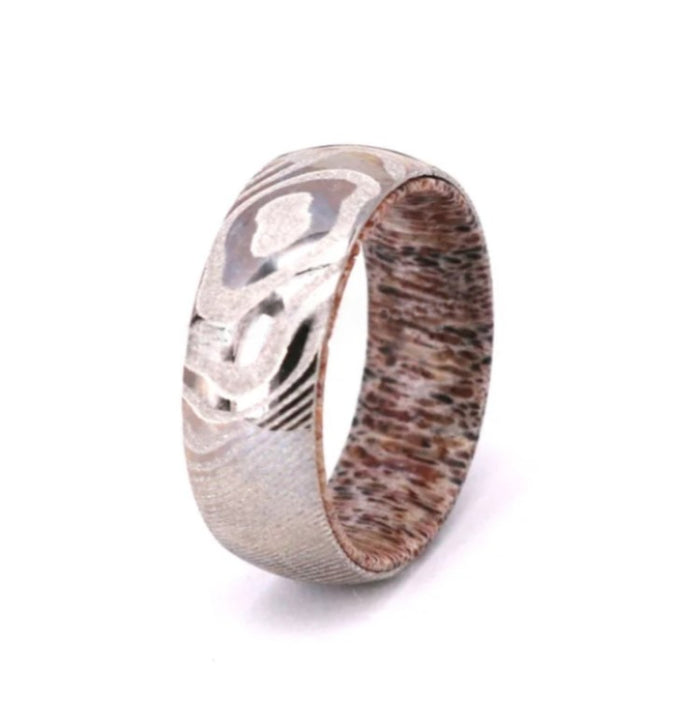 Damascus steel and Deer Antler insert comfort fit Polish finish top ring