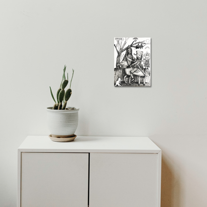 The artwork 'Dark Knight' by Andrew Chan features a black and white ink illustration against a crisp white background, showcasing figures in medieval style composition. The intricate watercolor and ink technique creates dynamic contrast and flowing lines. The piece measures 12x9 inches and is displayed above a minimalist white cabinet with a potted cactus plant.