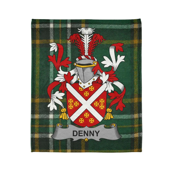 Denny Family Crest on Green Plaid Background Blanket