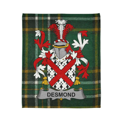 Desmond Family Crest on Green Plaid Background Blanket