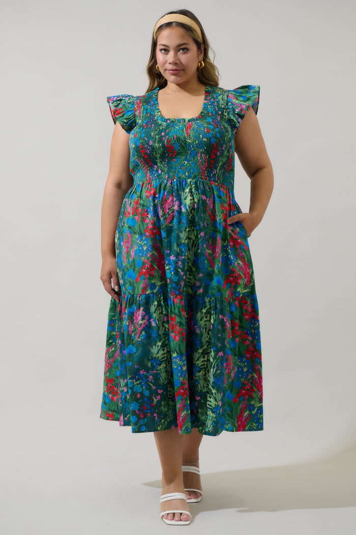 Devin Floral Glare Smock Tiered Midi Dress Curve