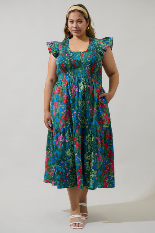Devin Floral Glare Smock Tiered Midi Dress Curve