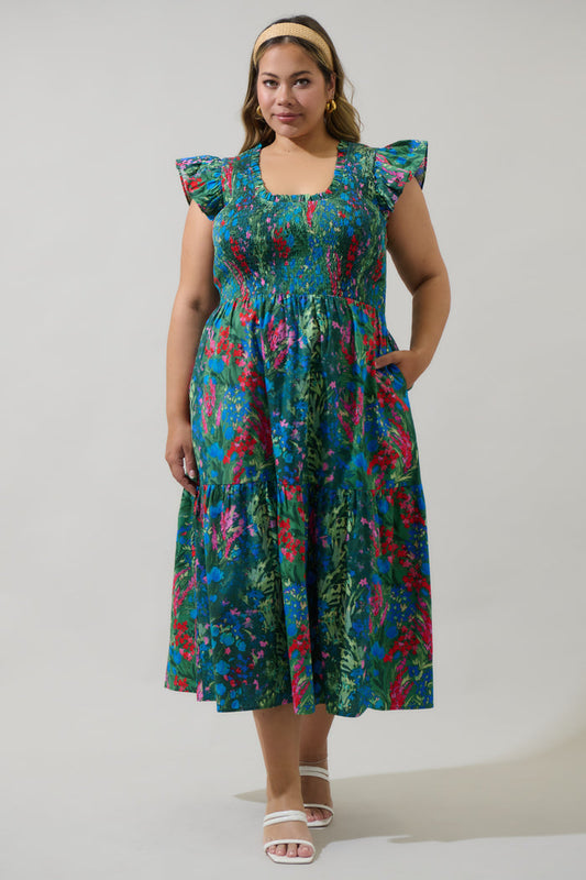 Devin Floral Glare Smock Tiered Midi Dress Curve