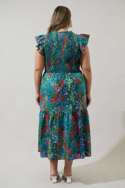 Devin Floral Glare Smock Tiered Midi Dress Curve